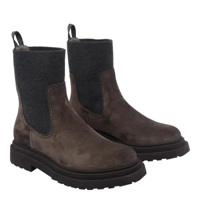 Brunello Cucinelli Chunky Sole Suede Ankle Boots With Monili Detail In Brown