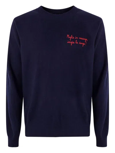 Mc2 Saint Barth Dark Blue Crew Neck Sweater With Red Embroidery In Blue
