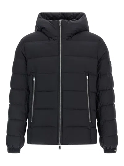 Tatras Domiziano Black Down Jacket With Fixed Hood And Logo Patch On The Sleeve In Tech Fabric Man In Blue
