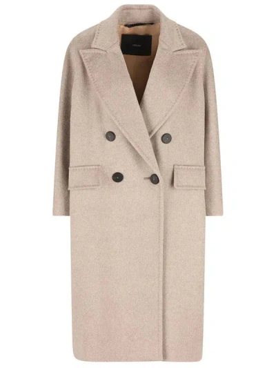 Max Mara Longline Double-breasted Coat Featuring Leather Undercollar In Neutral