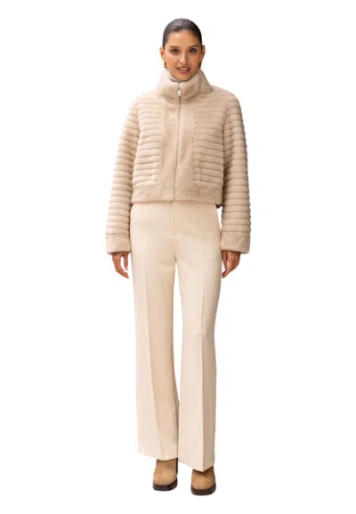 Attentif-paris Short Coat In Synthetic Fur With Horizontal Bands Woman Attentif Paris In Neutral