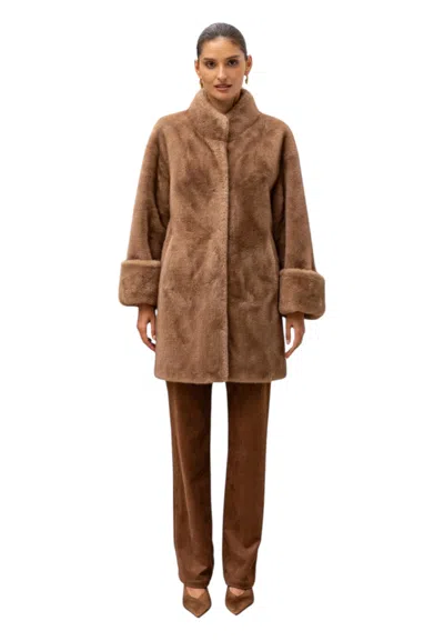 Attentif-paris Long Coat In Faux Fur With Wide Turned Cuffs. Woman Attentif Paris In Brown