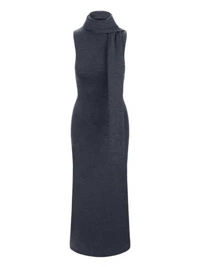 Staud Fitted Midi Dress Scarf Detail In Blue