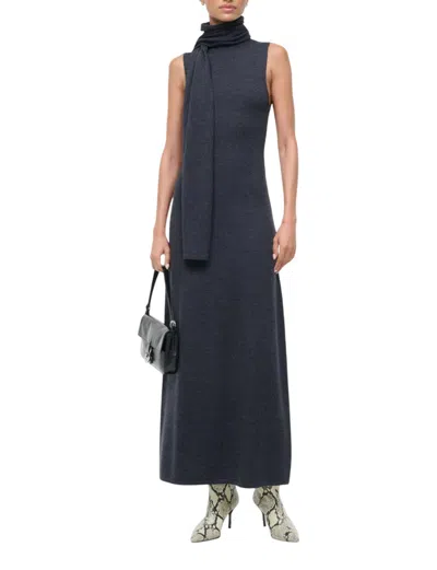 Staud Fitted Midi Dress Scarf Detail In Blue