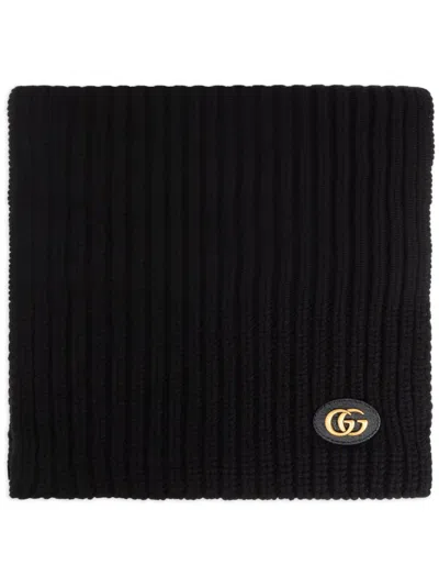 Gucci Cashmere And Wool Scarf With Gg Tag In Black