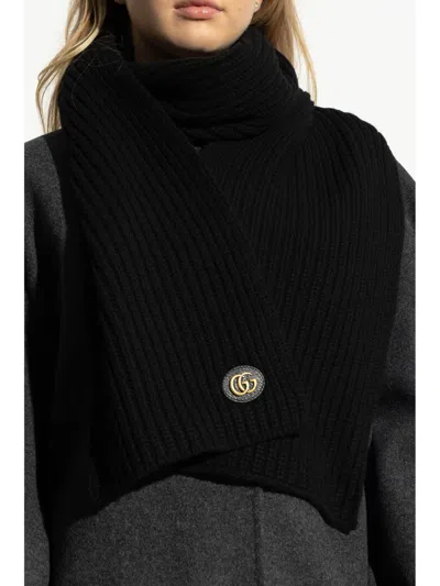 Gucci Cashmere And Wool Scarf With Gg Tag In Black