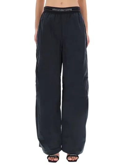 Alexander Wang Wide-leg Trousers With Elastic Waistband And Subtle Branding In Blue