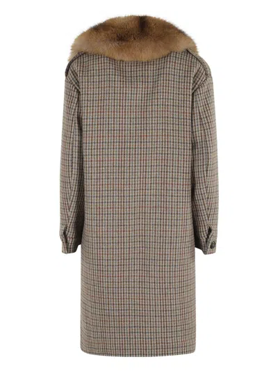 Bazar Deluxe Faux-fur Collar Houndstooth-pattern Coat In Black