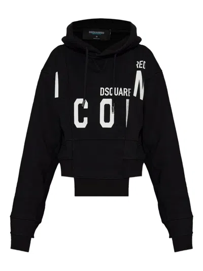Dsquared2 Asymmetric Hem Cropped Hoodie Drawstring In Black