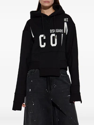 Dsquared2 Asymmetric Hem Cropped Hoodie Drawstring In Black