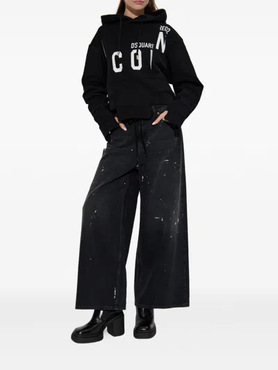 Dsquared2 Asymmetric Hem Cropped Hoodie Drawstring In Black
