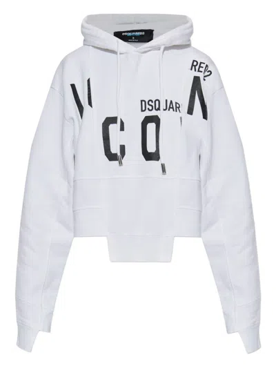 Dsquared2 Asymmetric Hem Cropped Hoodie Drawstring In White