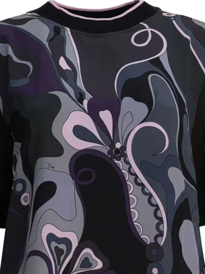 Pucci Cotton And Silk Crewneck T-shirt With Print T-shirts Black In Black