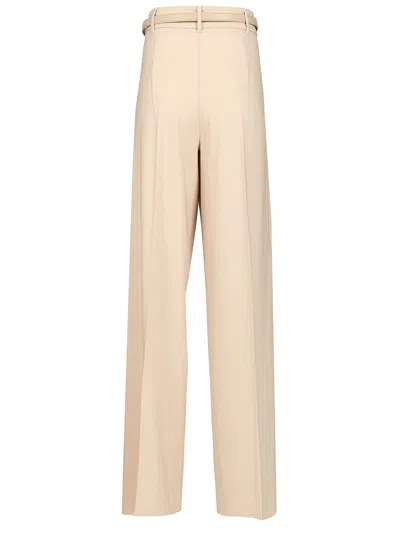 Max Mara Entrata Wool Gabardine High Waist Pleated W Belt Trousers White In Brown