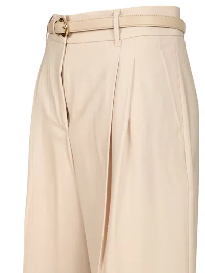 Max Mara Entrata Wool Gabardine High Waist Pleated W Belt Trousers White In Brown
