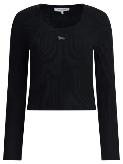 Maison Kitsuné Cropped Knitwear With Long Sleeves And Ribbed Texture In Black