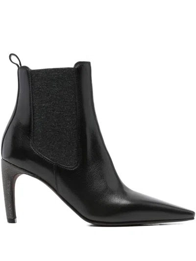 Brunello Cucinelli Leather Stiletto Heel Ankle Boots In Black