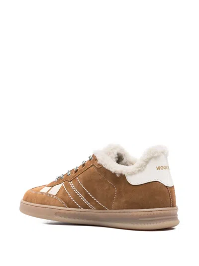 Woolrich Premium Leather Sneakers Featuring Contrast Stitching In Brown