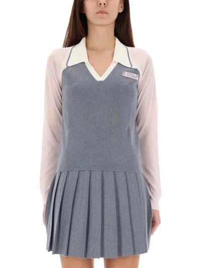 Casablanca Color-block Merino Polo Shirt With Classic Collar And Logo Patch In Gray