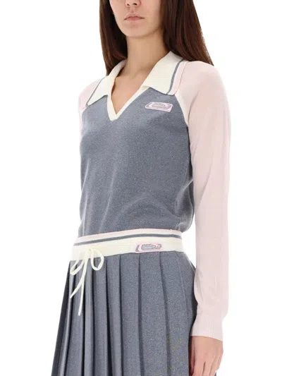 Casablanca Color-block Merino Polo Shirt With Classic Collar And Logo Patch In Gray