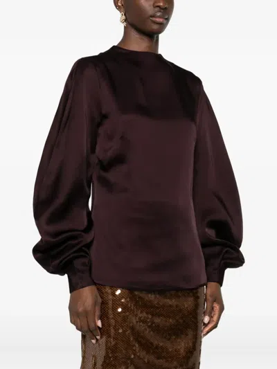 Raquel Diniz Satin Blouse With Flared Cuffs And Puff Sleeves In Brown