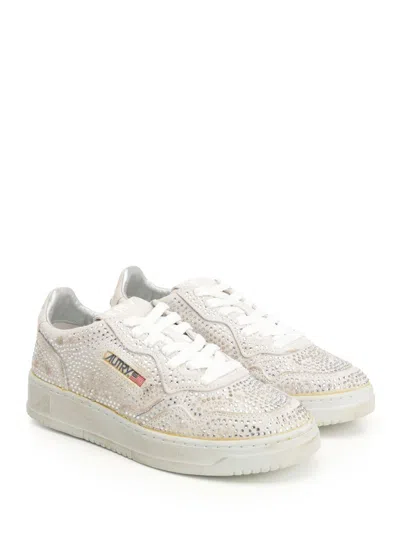 Autry Medalist Silver-colored Sneaker With Lived-in Effect And All-over Bead Application In Leather Blend  In White