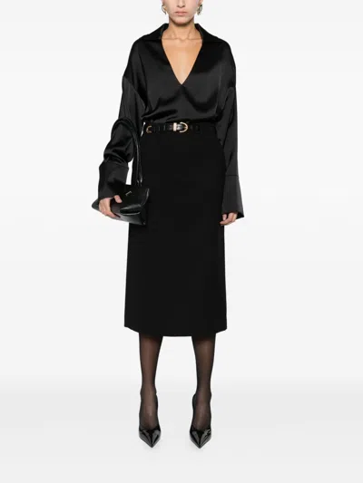 Dunst Black Long Skirt With Belt Loops And Rear Single Slit In Wool Blend Woman