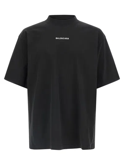 Balenciaga Men Black Crewneck T-shirt With Logo Lettering On The Front And Logo Patch On The Sleeve  In Black