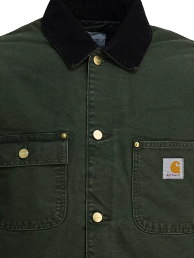 Carhartt Structured Organic Cotton Coat With Contrasting Collar In Green