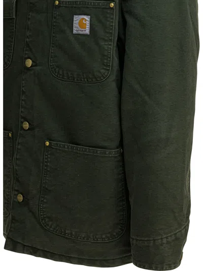 Carhartt Structured Organic Cotton Coat With Contrasting Collar In Green