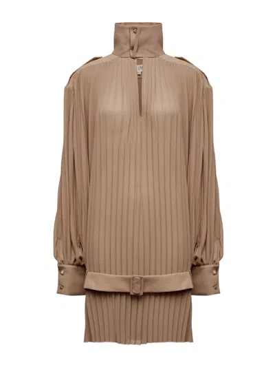 Mm6 Maison Margiela Pleated High-neck Dress In Brown