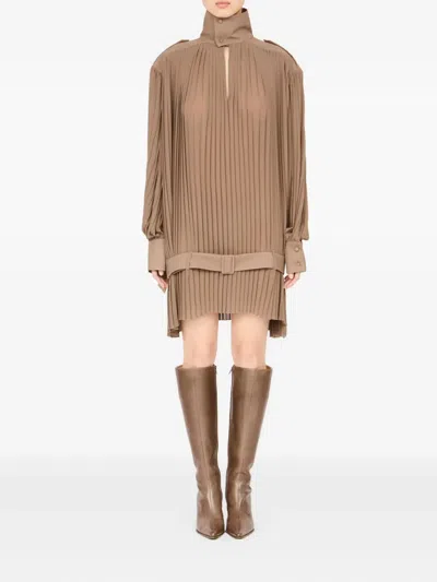 Mm6 Maison Margiela Pleated High-neck Dress In Brown