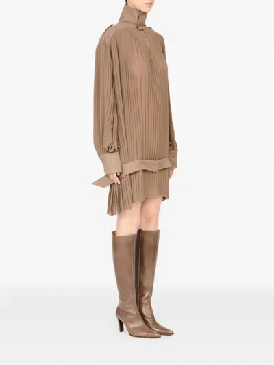 Mm6 Maison Margiela Pleated High-neck Dress In Brown