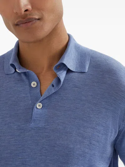 Brunello Cucinelli Long Sleeve Polo Sweater With Ribbed Cuffs And Hem In Blue