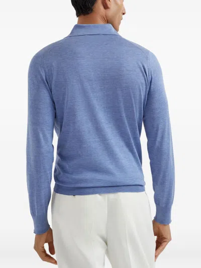 Brunello Cucinelli Long Sleeve Polo Sweater With Ribbed Cuffs And Hem In Blue
