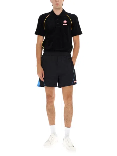 Casablanca Ribbed Collar Corduroy Polo Shirt With Short Sleeves In Black