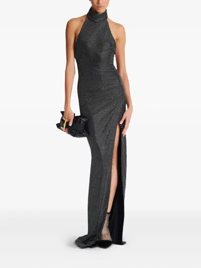 Balmain Long Velvet Halterneck Dress With Rhinestones In Gray