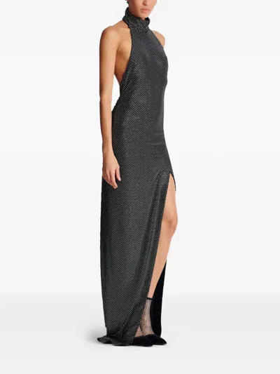 Balmain Long Velvet Halterneck Dress With Rhinestones In Gray