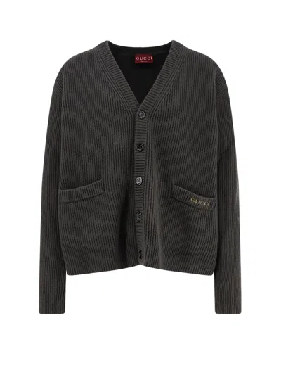 Gucci V-neck Long Sleeve Cardigan Front Pockets In Gray