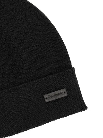 Saint Laurent Wool Beanie With Logo Patch In Black