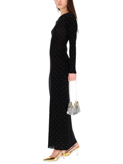 Rabanne Fitted Long Knit Dress With Round Neckline And Rhinestone Embellishments In Black