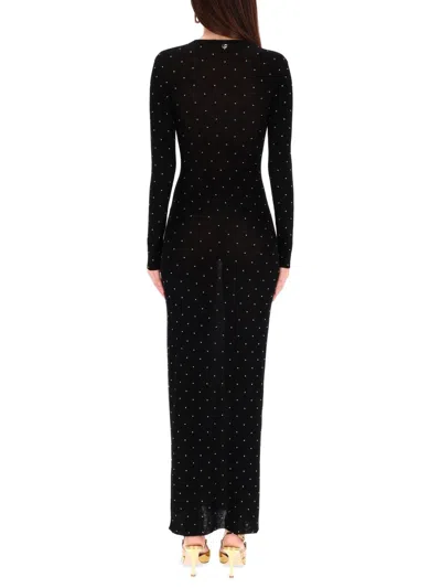 Rabanne Fitted Long Knit Dress With Round Neckline And Rhinestone Embellishments In Black