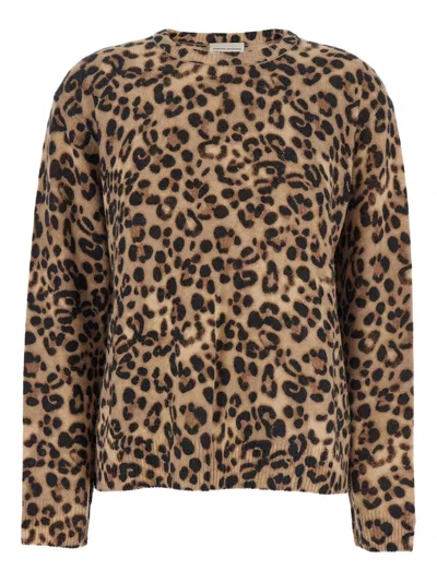 Semicouture Brown Crewneck Sweater With All-over Leopard Motif In Wool And Cashmere Woman In Multi