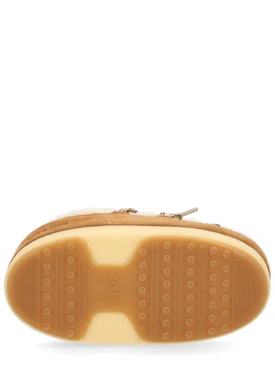 Moon Boot Shearling Mules With Suede Trims In Brown