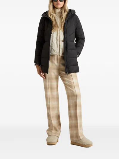 Woolrich Long Hooded Quilted Jacket Side Pockets In Black