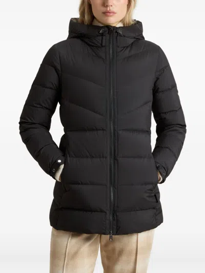 Woolrich Long Hooded Quilted Jacket Side Pockets In Black