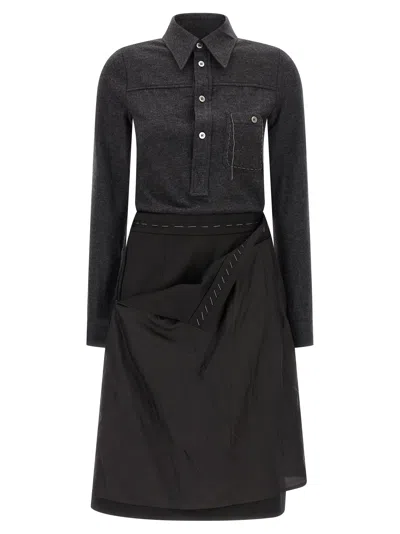 Maison Margiela Womens Melange Carbon Black Long-sleeve Contrast-skirt Virgin-wool Midi Dress In Black