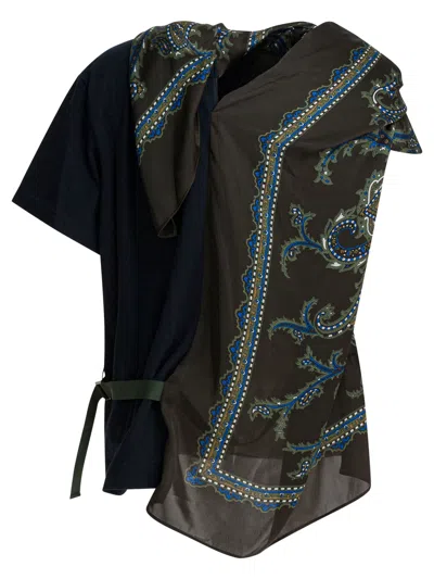 Sacai Paisley Print Paneled T-shirt In Blue