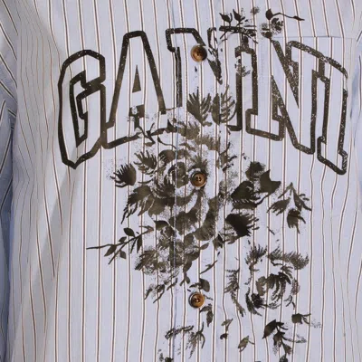 Ganni Striped Cotton Shirt With Print In Multi