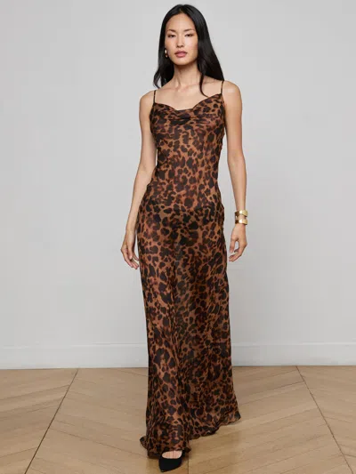 L'agence Leopard Christine Maxi Slip Dress In Brown